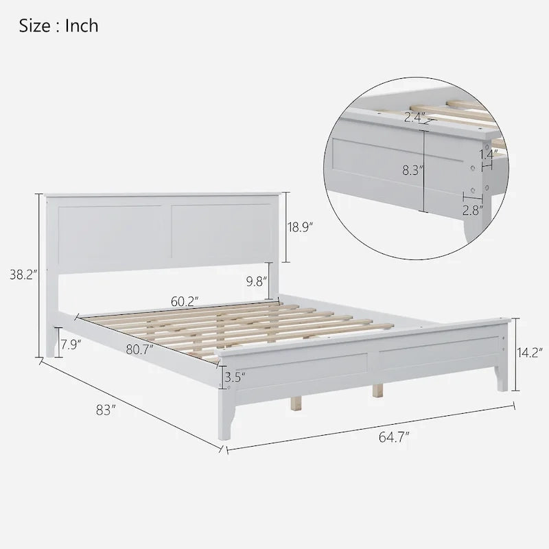 Lit plateforme queen moderne en bois massif blanc