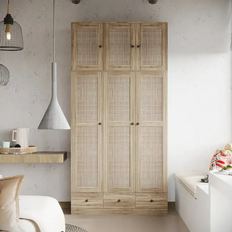 Armoire avec accents en rotin – Organiseur de vêtements spacieux et stylé