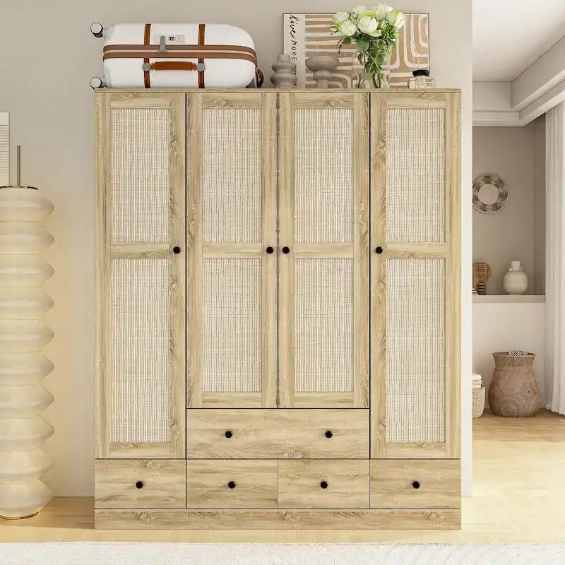Armoire avec accents en rotin – Organiseur de vêtements spacieux et stylé