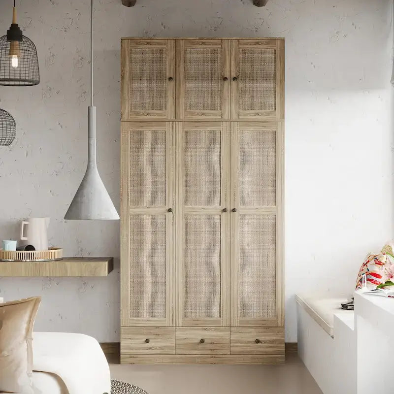 Armoire avec accents en rotin – Organiseur de vêtements spacieux et stylé