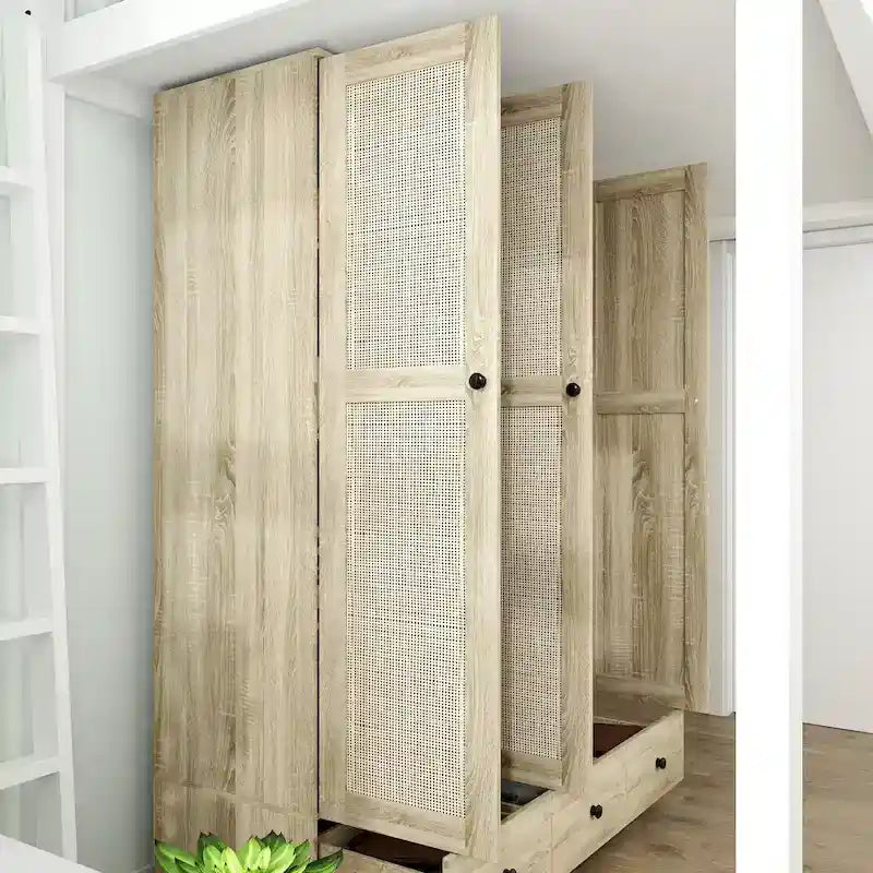 Armoire avec accents en rotin – Organiseur de vêtements spacieux et stylé