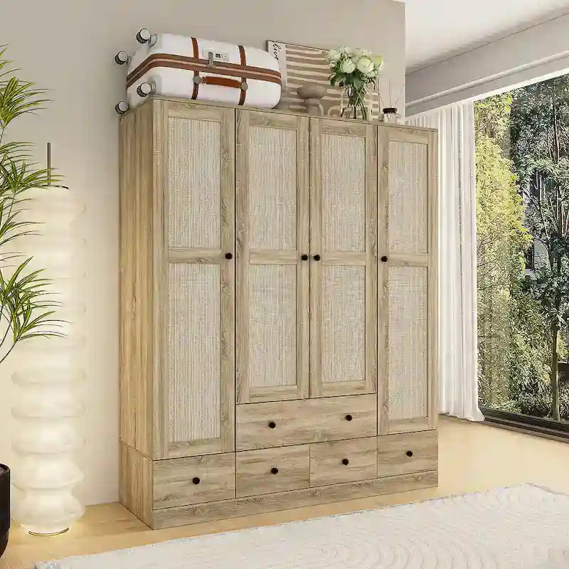 Armoire avec accents en rotin – Organiseur de vêtements spacieux et stylé