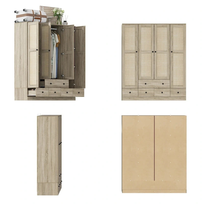 Armoire avec accents en rotin – Organiseur de vêtements spacieux et stylé