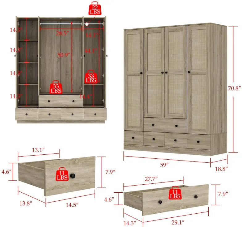 Armoire avec accents en rotin – Organiseur de vêtements spacieux et stylé