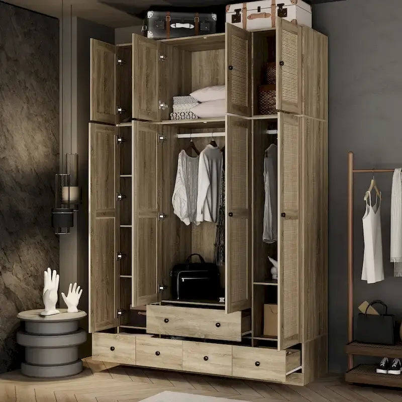 Armoire avec accents en rotin – Organiseur de vêtements spacieux et stylé