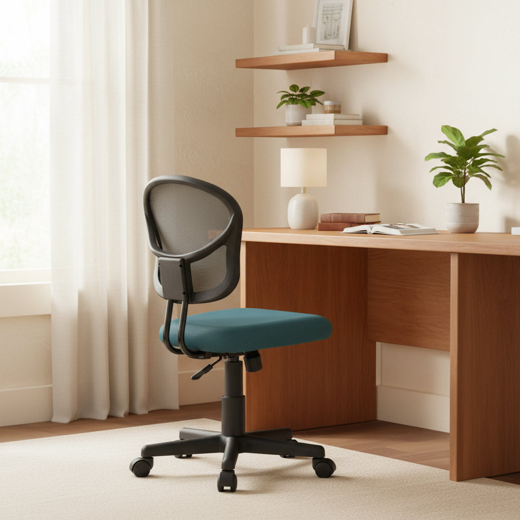 Chaise de bureau sans accoudoirs en maille bleue