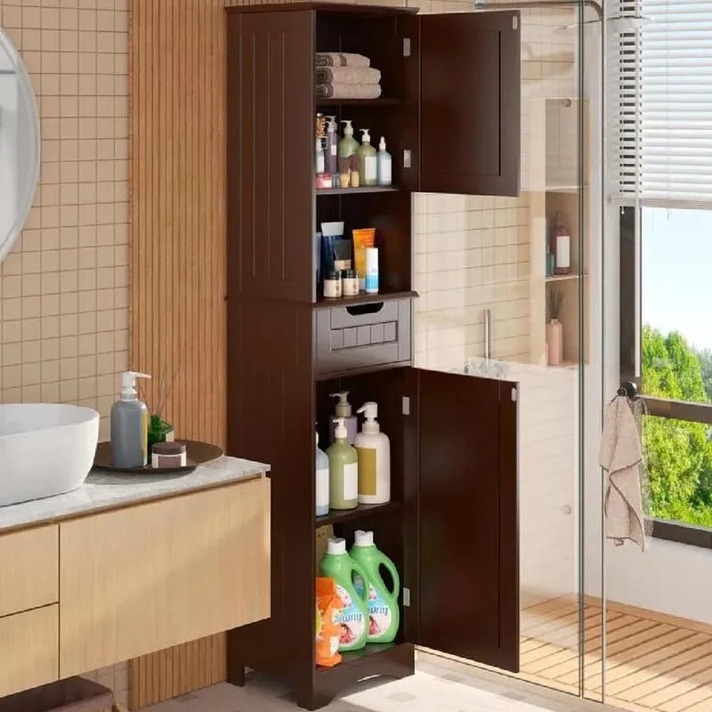 Armoire de rangement en bois massif 5 étagères 170 cm de haut pour salle de bain