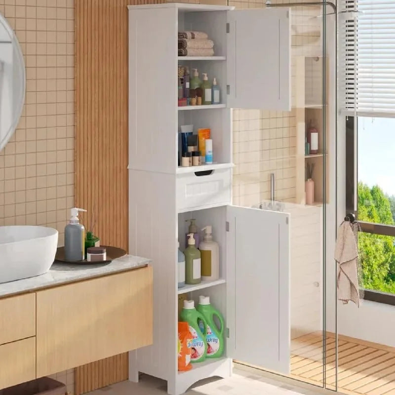 Armoire de rangement en bois massif 5 étagères 170 cm de haut pour salle de bain