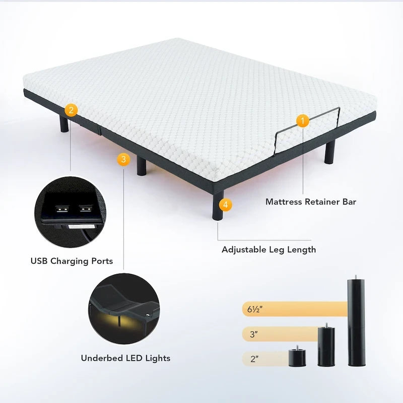 Lit réglable zéro gravité massant avec télécommande sans fil et éclairage sous le lit