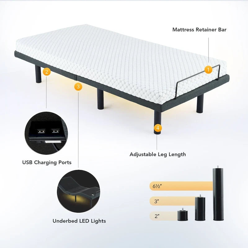 Lit réglable zéro gravité massant avec télécommande sans fil et éclairage sous le lit