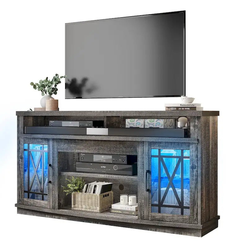 Meuble TV haut de 59 pouces à 2 portes avec LED pour téléviseurs jusqu'à 70 pouces