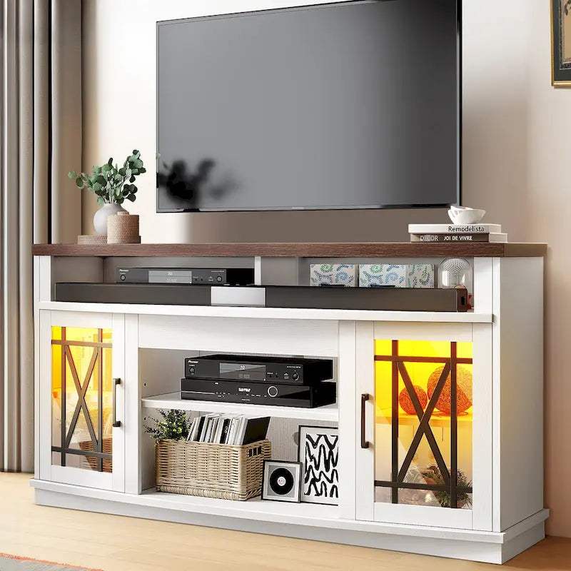 Meuble TV haut de 59 pouces à 2 portes avec LED pour téléviseurs jusqu'à 70 pouces