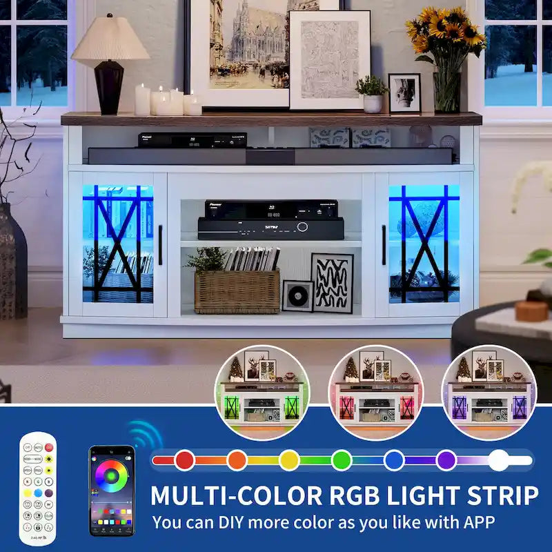 Meuble TV haut de 59 pouces à 2 portes avec LED pour téléviseurs jusqu'à 70 pouces