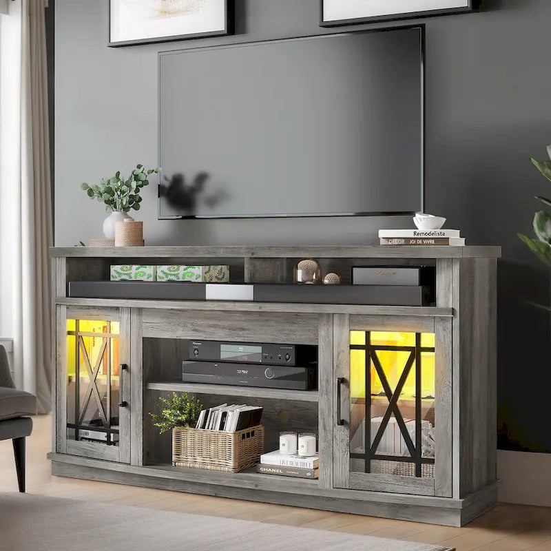 Meuble TV haut de 59 pouces à 2 portes avec LED pour téléviseurs jusqu'à 70 pouces
