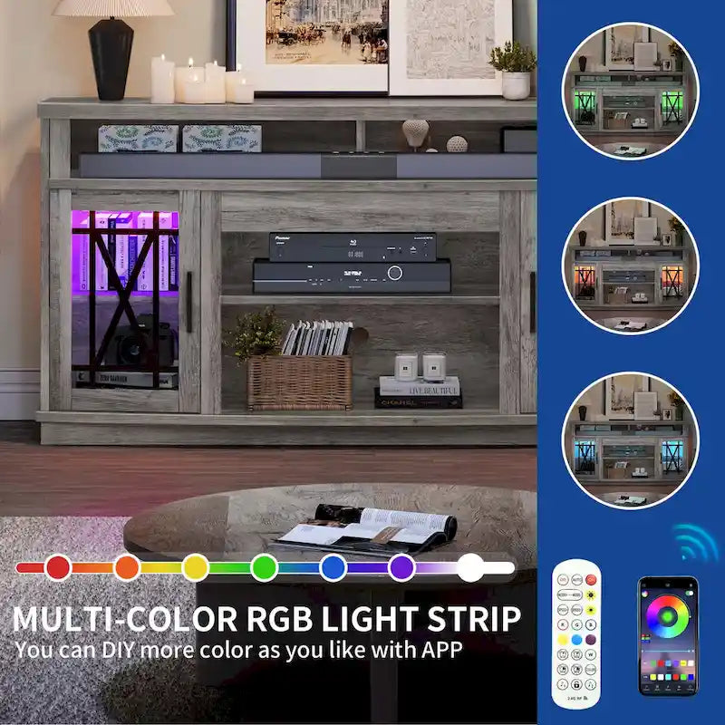Meuble TV haut de 59 pouces à 2 portes avec LED pour téléviseurs jusqu'à 70 pouces
