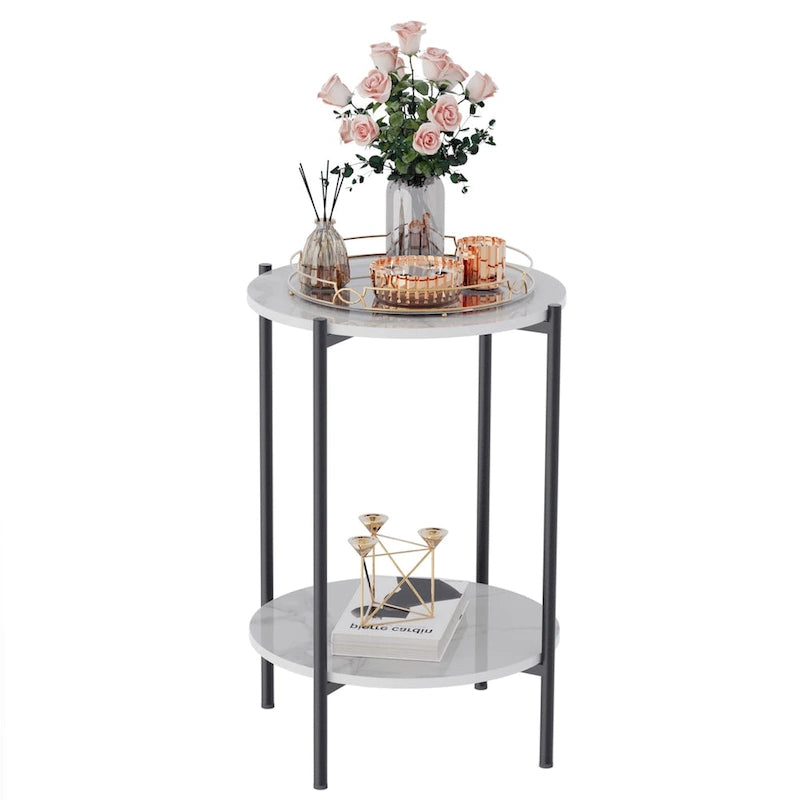 Table d'appoint ronde à 2 plateaux en marbre avec structure en métal noir