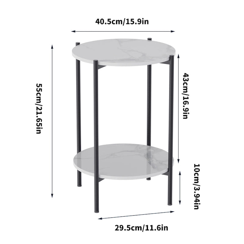 Table d'appoint ronde à 2 plateaux en marbre avec structure en métal noir