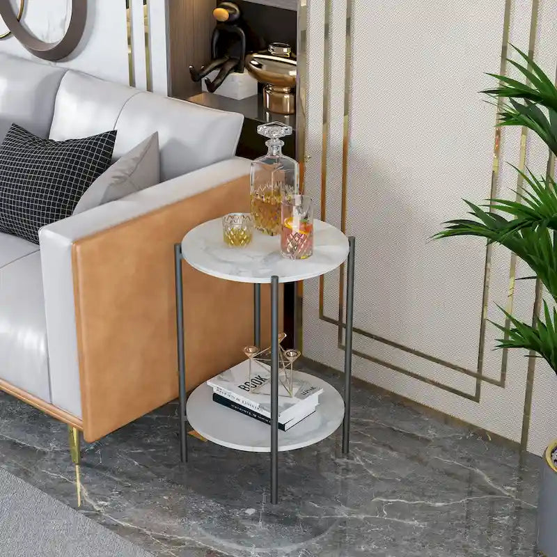 Table d'appoint ronde à 2 plateaux en marbre avec structure en métal noir