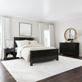 Lit Queen en bois noir avec table de chevet et commode