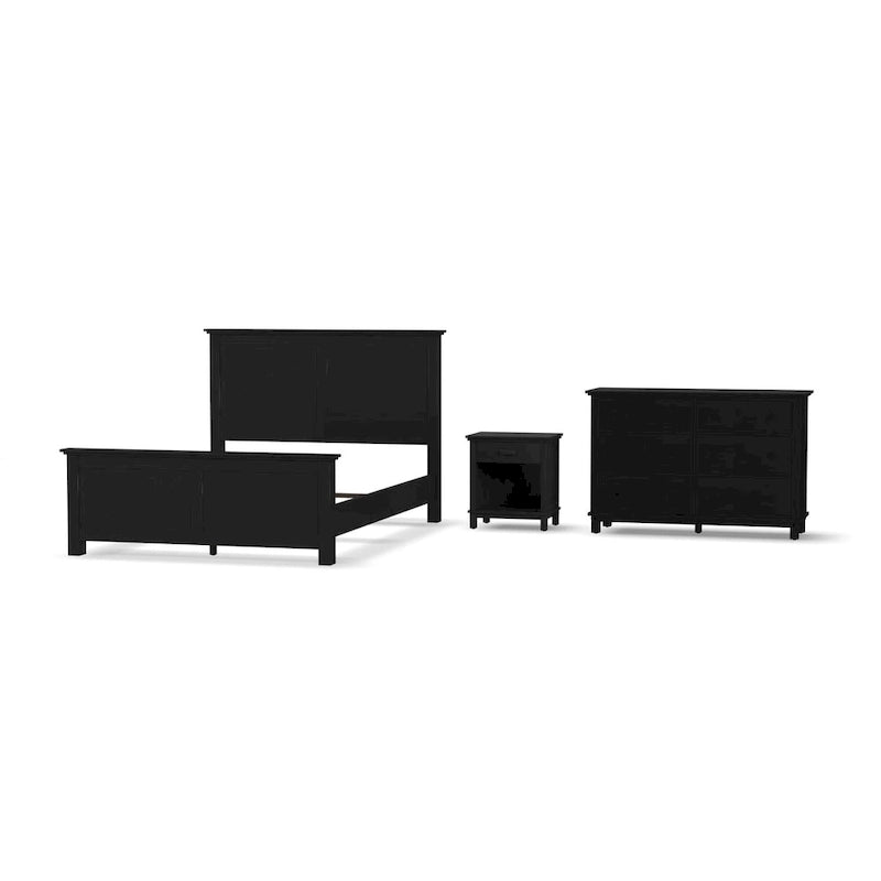 Lit Queen en bois noir avec table de chevet et commode