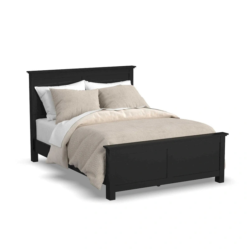 Lit Queen en bois noir avec table de chevet et commode