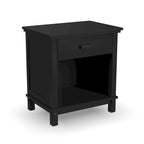Lit Queen en bois noir avec table de chevet et commode