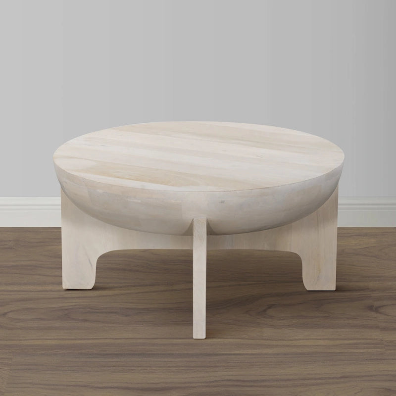 Table basse avec dessus de tambour en bois de manguier de 32 pouces, blanc lavé classique