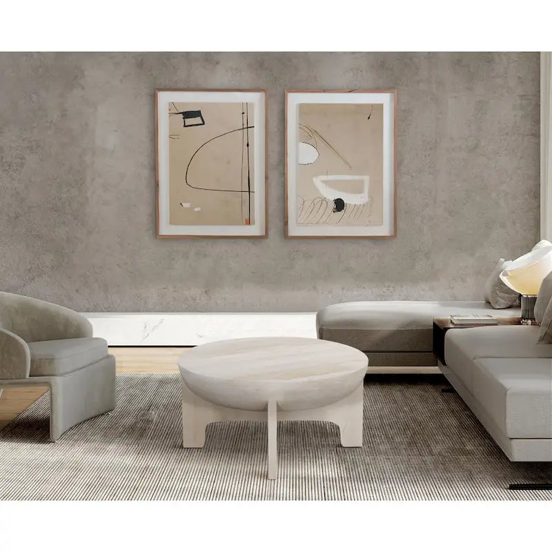 Table basse avec dessus de tambour en bois de manguier de 32 pouces, blanc lavé classique
