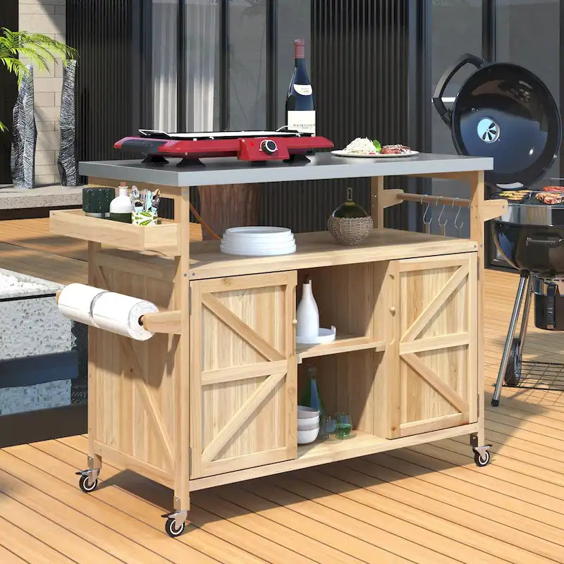 Îlot de cuisine d'extérieur en bois massif de style ferme avec plateau en acier inoxydable