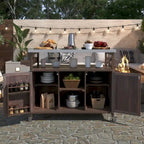 Îlot de cuisine d'extérieur en bois massif de style ferme avec plateau en acier inoxydable