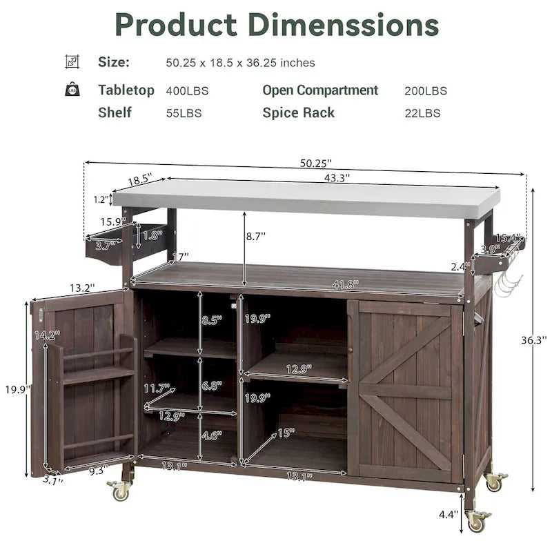 Îlot de cuisine d'extérieur en bois massif de style ferme avec plateau en acier inoxydable