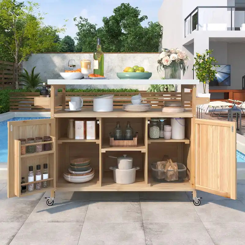 Îlot de cuisine d'extérieur en bois massif de style ferme avec plateau en acier inoxydable