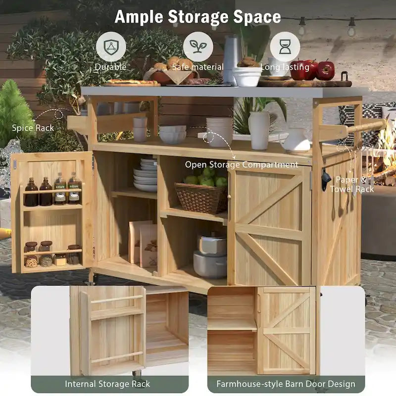 Îlot de cuisine d'extérieur en bois massif de style ferme avec plateau en acier inoxydable