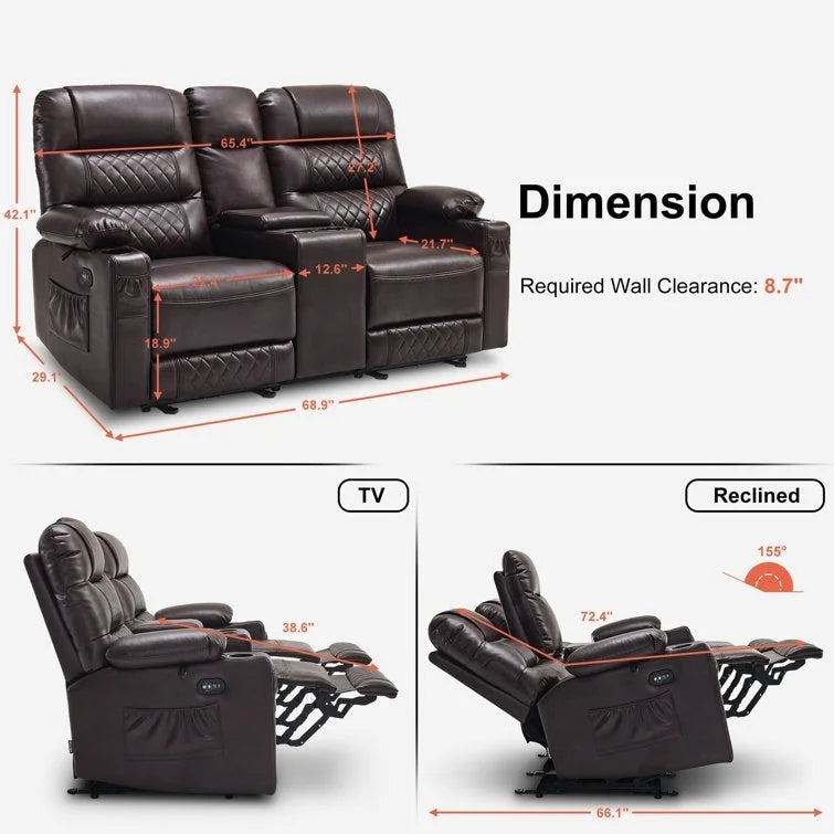 Fauteuil inclinable électrique biplace avec chauffage, vibration et ports USB