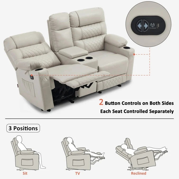 Fauteuil inclinable électrique biplace avec chauffage, vibration et ports USB