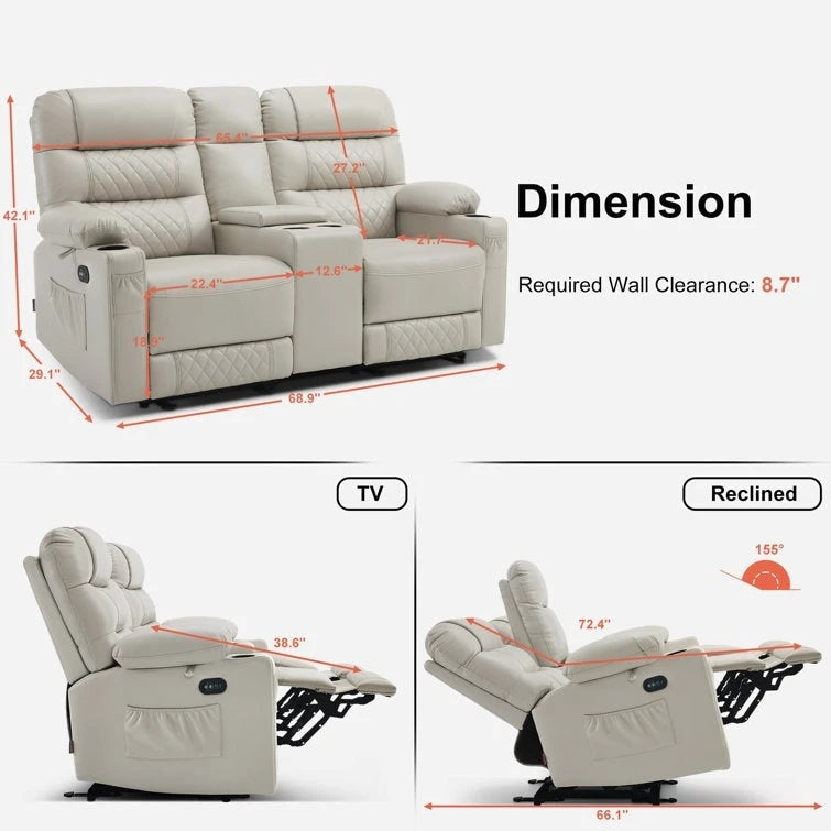 Fauteuil inclinable électrique biplace avec chauffage, vibration et ports USB