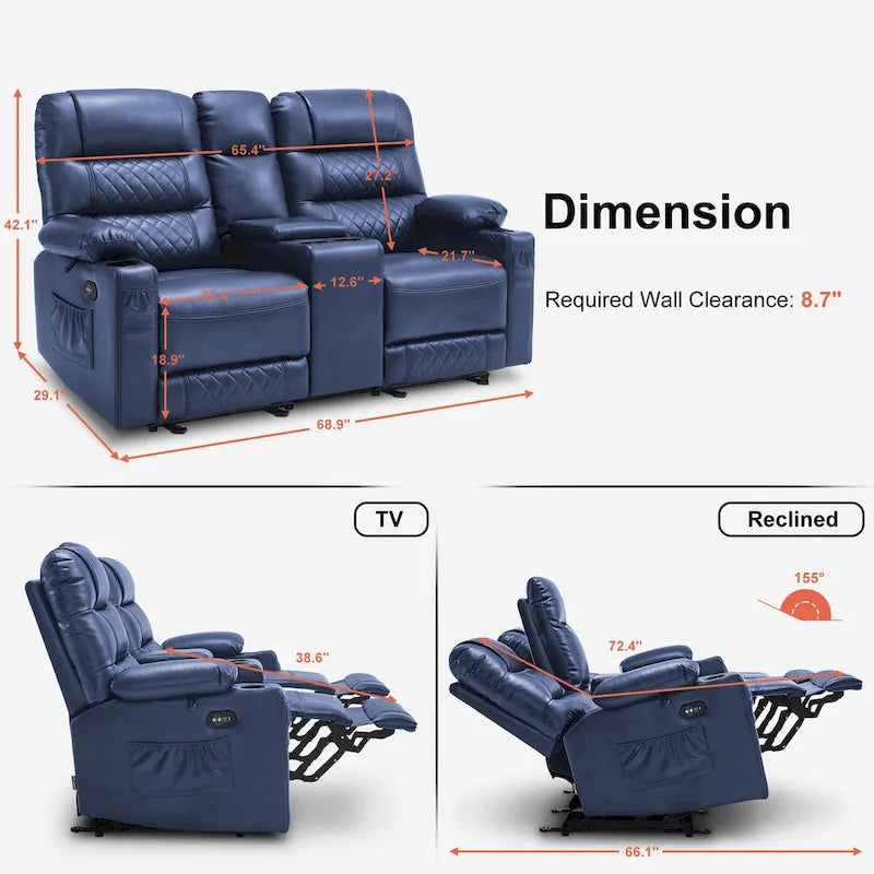 Fauteuil inclinable électrique biplace avec chauffage, vibration et ports USB
