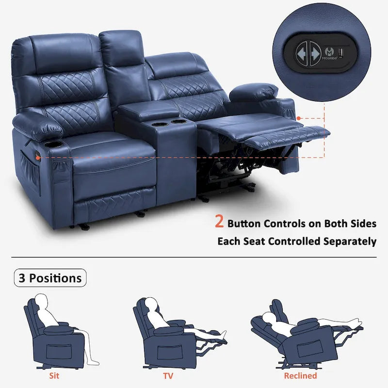 Fauteuil inclinable électrique biplace avec chauffage, vibration et ports USB