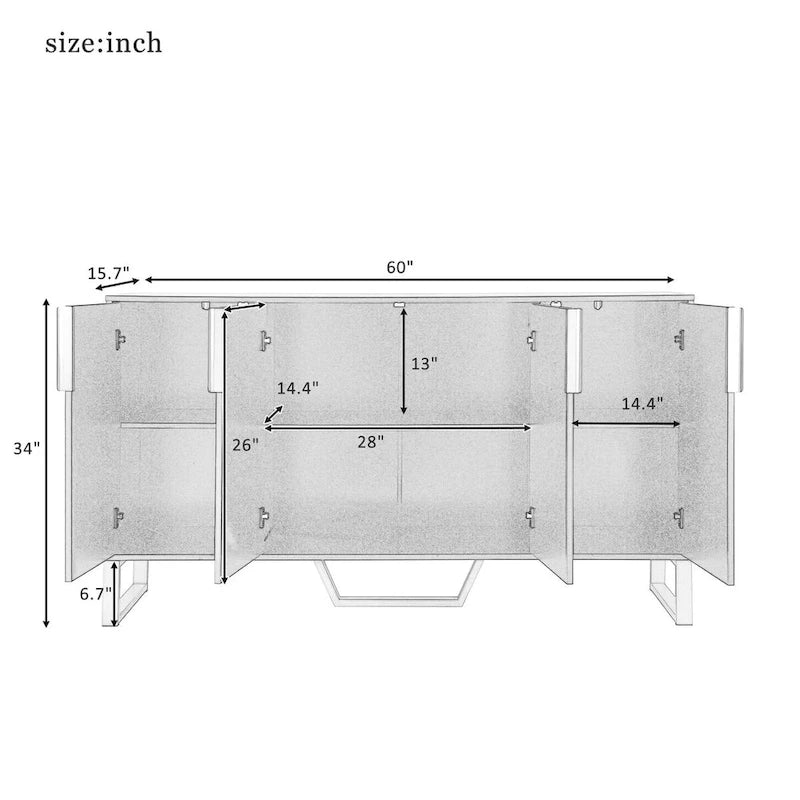 Buffet moderne à quatre portes, poignées métalliques et étagères réglables