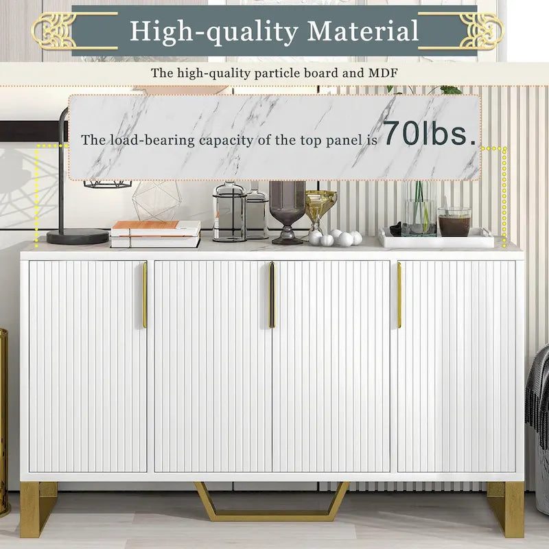 Buffet moderne à quatre portes, poignées métalliques et étagères réglables