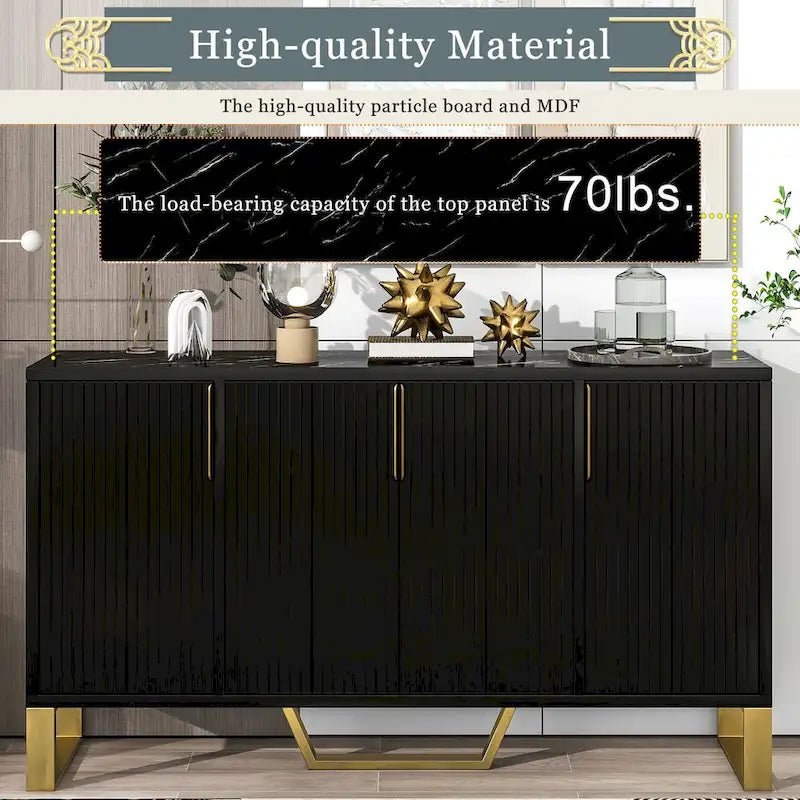 Buffet moderne à quatre portes, poignées métalliques et étagères réglables
