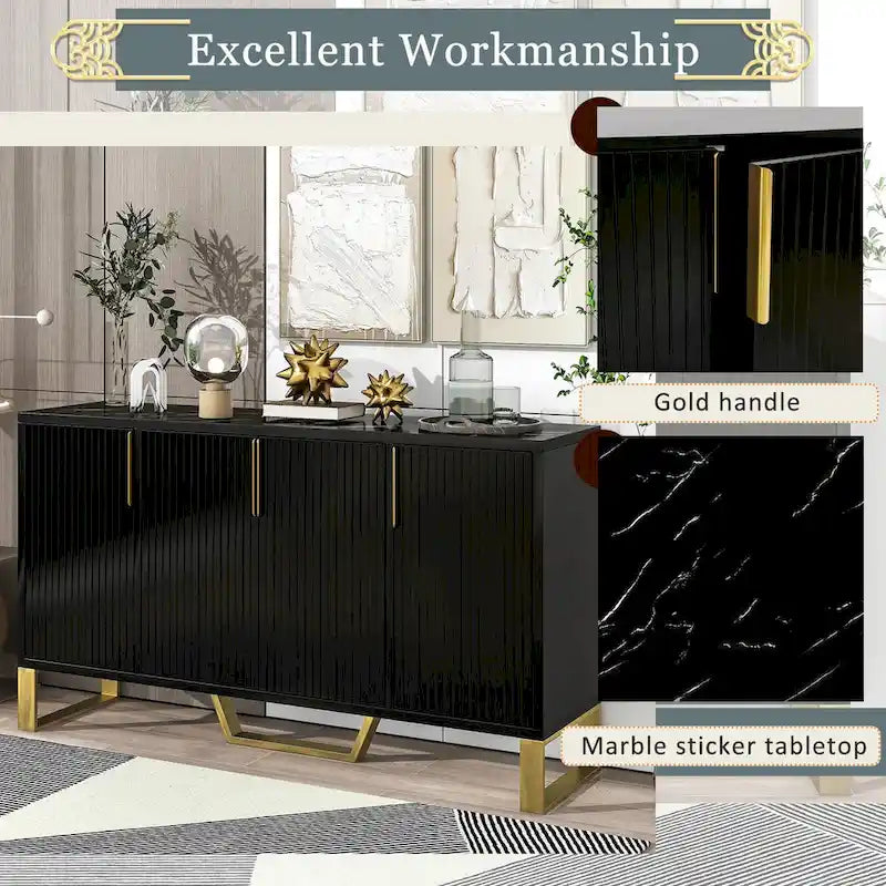 Buffet moderne à quatre portes, poignées métalliques et étagères réglables