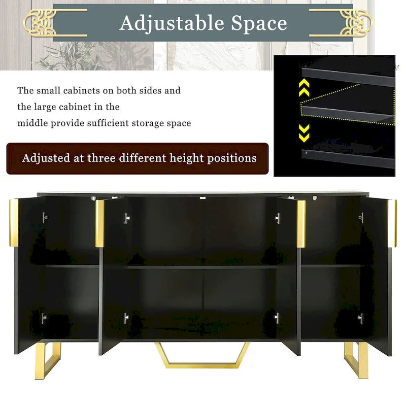 Buffet moderne à quatre portes, poignées métalliques et étagères réglables
