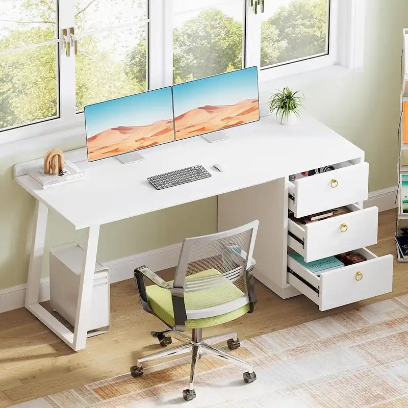 Bureau d'ordinateur moderne blanc de 55 pouces avec tiroirs