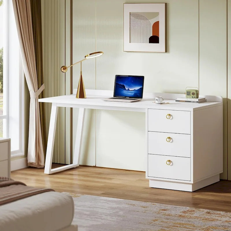 Bureau d'ordinateur moderne blanc de 55 pouces avec tiroirs