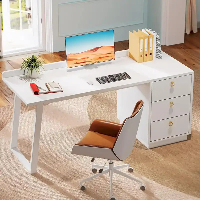 Bureau d'ordinateur moderne blanc de 55 pouces avec tiroirs