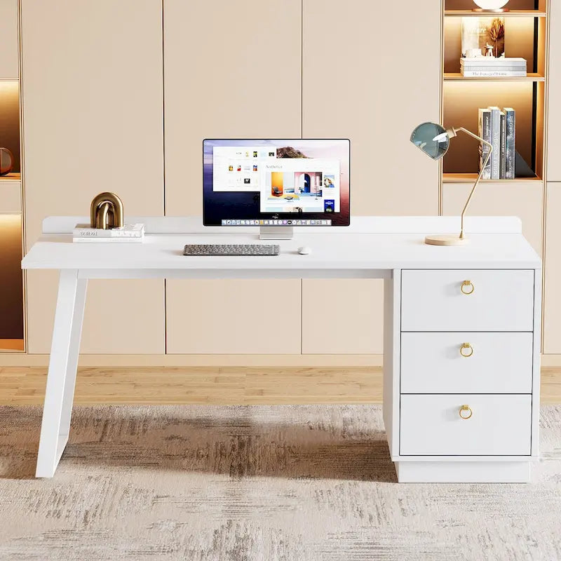 Bureau d'ordinateur moderne blanc de 55 pouces avec tiroirs