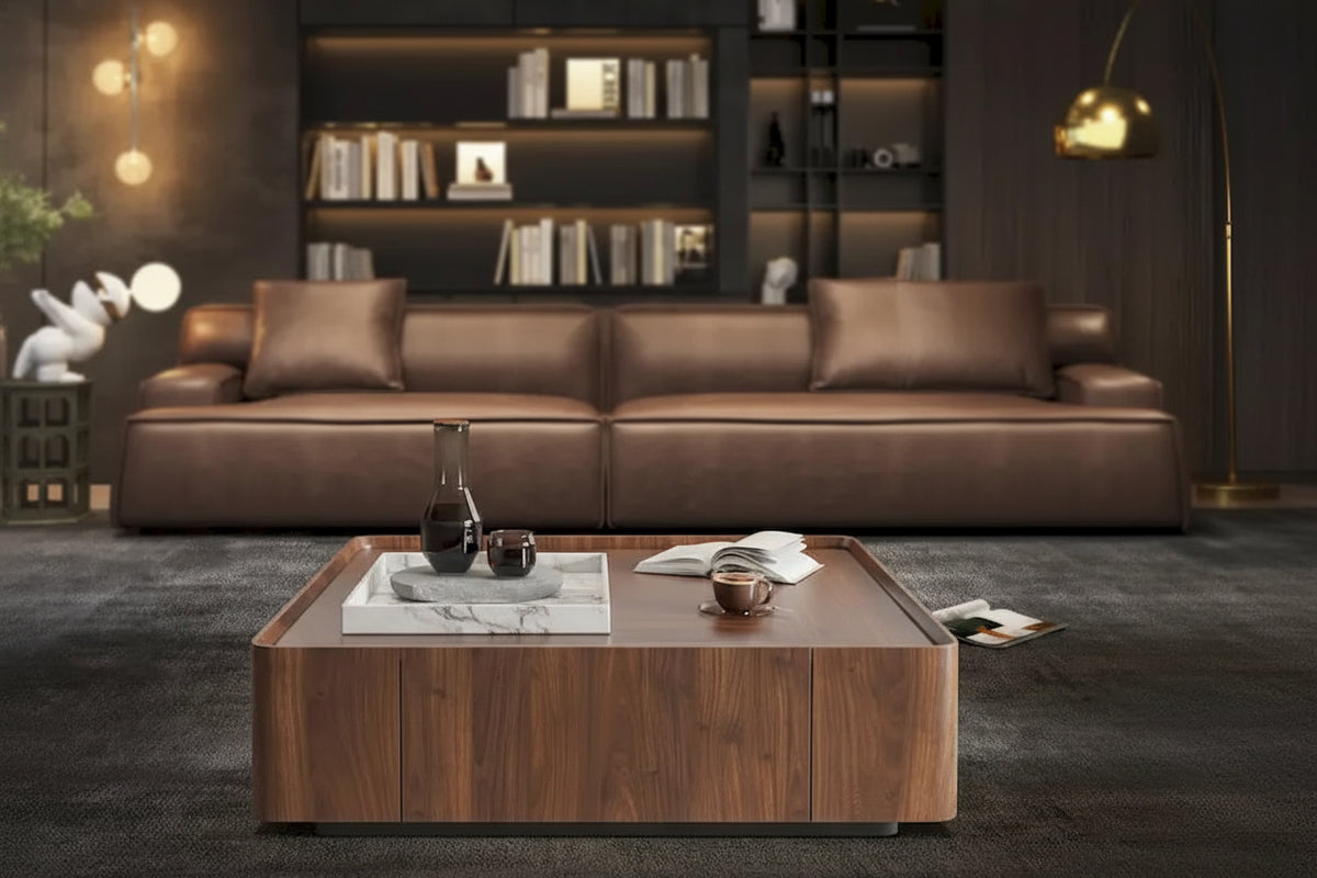 Mid-Century Modern Suqare Wood Finish Coffee Table with Drawers