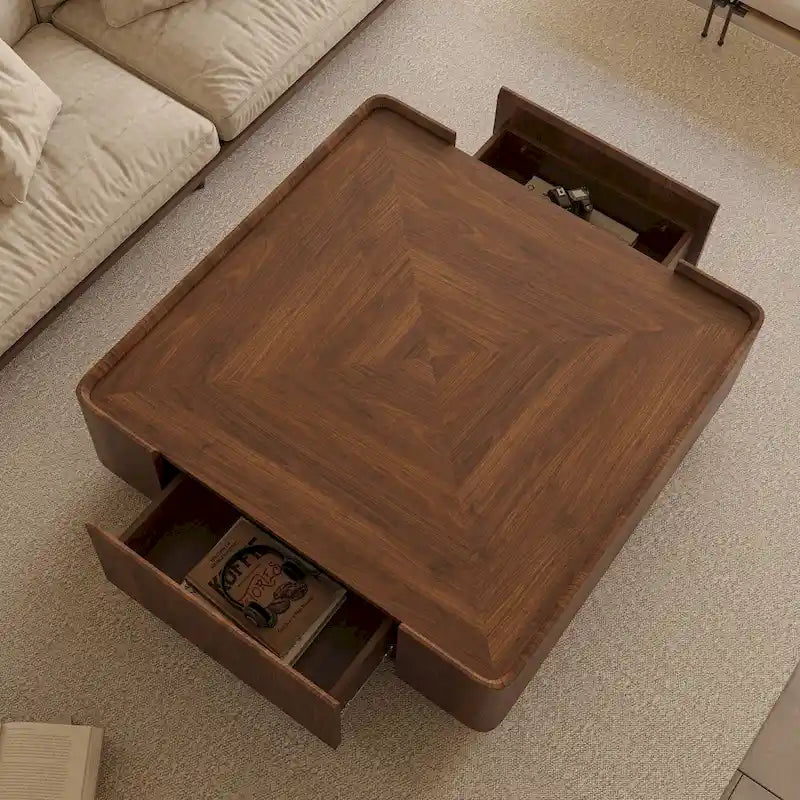Table basse carrée en bois de style moderne du milieu du siècle avec tiroirs