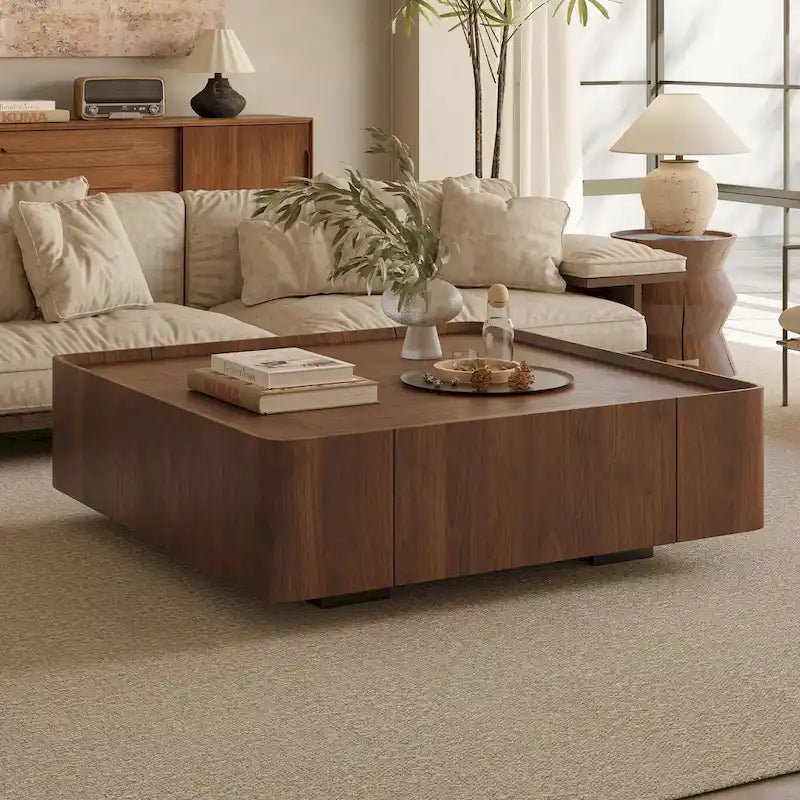 Table basse carrée en bois de style moderne du milieu du siècle avec tiroirs